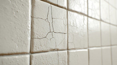 Cracks on the white tile wall. Abstract background and texture for design.の素材