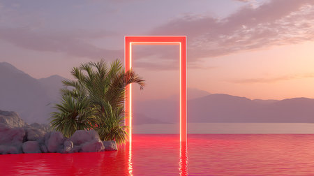 letter of the alphabet made of neon lights on the background of the sea and mountainsの素材