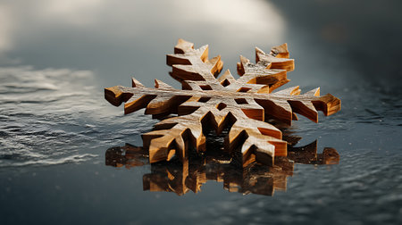 Wooden snowflake on a dark background. Christmas and New Year concept.の素材