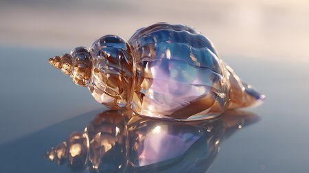 Close up of a seashell on a reflective surface with reflection.の素材