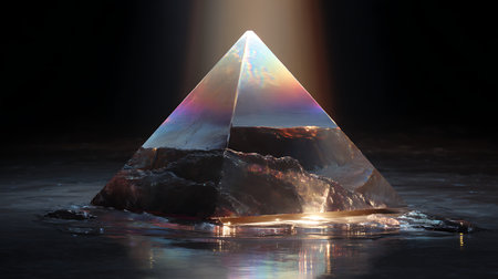 3D illustration of a pyramid made of ice on a frozen lakeの素材