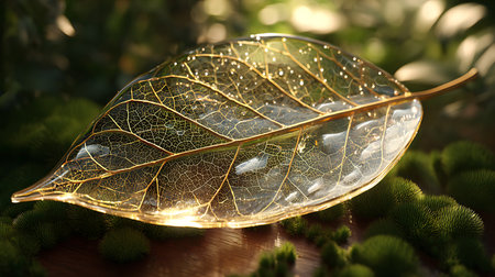 Beautiful golden leaf with dew drops on it, closeupの素材