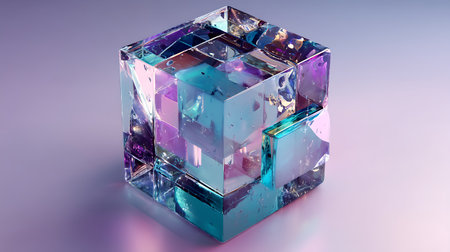 3D illustration of a crystal cube with purple and blue reflections.の素材
