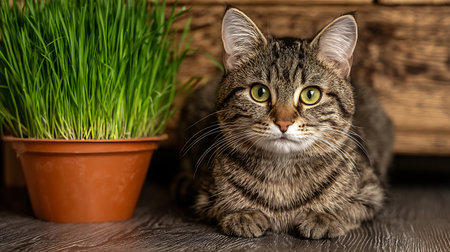 Portrait of a tabby cat with green grass on a wooden backgroundの素材