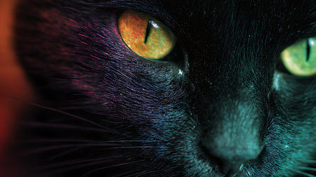 close up of a black cat with green eyes, macro shot.の素材
