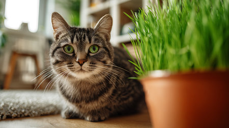 Cute tabby cat with green eyes sitting on floor at homeの素材