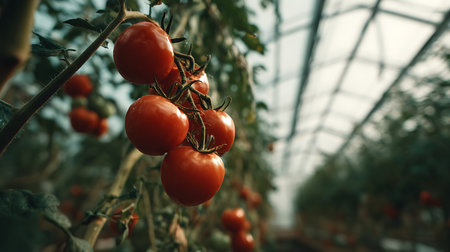 Ripe tomatoes on a branch in a greenhouse. Selective focus.の素材