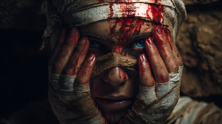 Zombie girl with blood on her face. Horror movie. Halloween.の素材