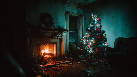 Christmas tree and fireplace in a dark room at night. Holiday conceptの素材