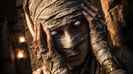 Portrait of a young woman wrapped in a mummy costume. Halloween.の素材