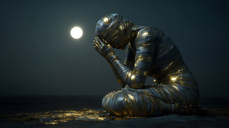 3D rendering of a mummy sitting on the beach at night.の素材
