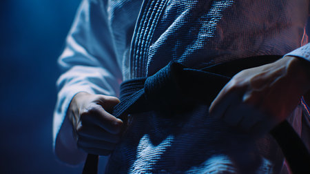 Taekwondo training. Man in a kimono with a black belt.の素材