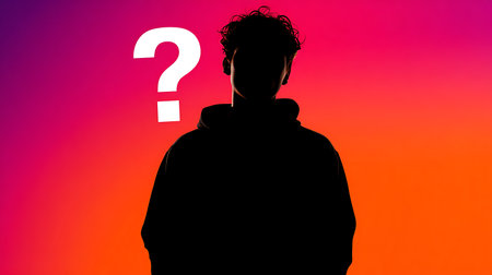 Silhouette of a man with a question mark on a gradient backgroundの素材