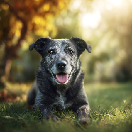 Portrait of a mixed breed dog lying in the grass at sunset.の素材
