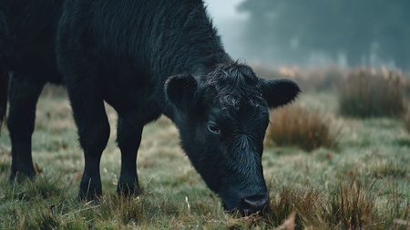 Black cow in the meadow on a foggy misty morningの素材