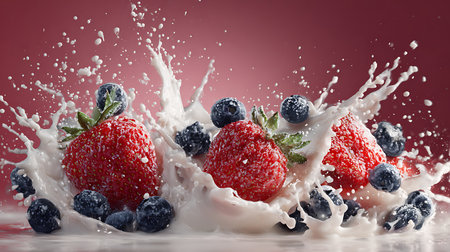 strawberries and blueberries in milk splash on a red backgroundの素材