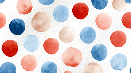 Watercolor seamless pattern with red, blue and white polka dots. Hand painted background.の素材