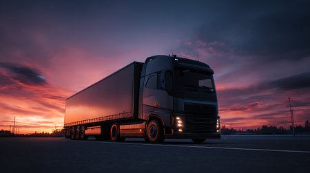 Truck on the road at sunset. Transportation, logistics and delivery concept.の素材