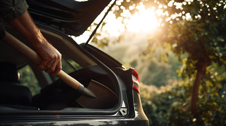 Man with shovel cleaning car window outdoors on sunny day, closeupの素材
