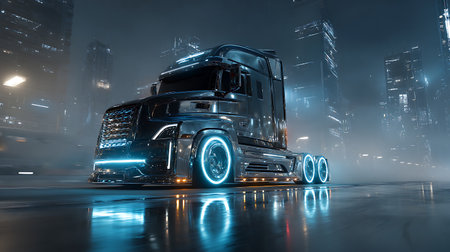 Truck with glowing headlights on the background of the night city.の素材