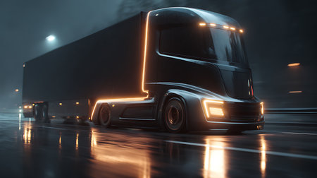 3d rendering of a big truck on the road at night.の素材