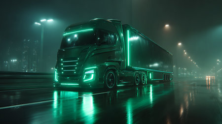 truck on the road at night with fog and lights in the backgroundの素材