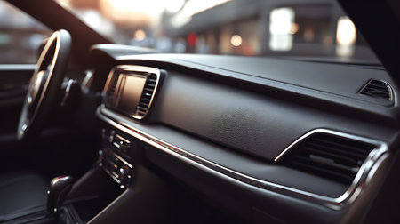 Modern car interior. Close up view of the dashboard. 3d renderingの素材