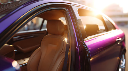 Close-up of the back seat of a purple car. 3d renderingの素材