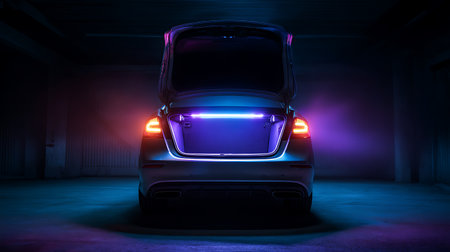 Car on the road with blue and red lights in the garage.の素材