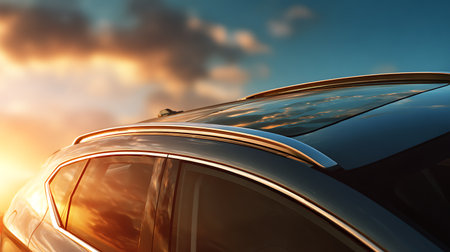 Car on the road at sunset, close-up view of the windshieldの素材