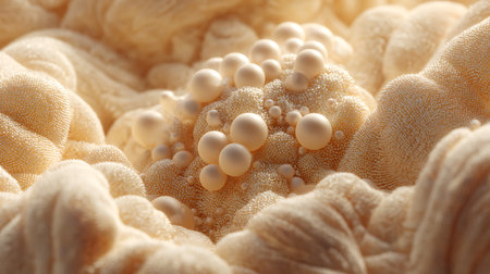 White pearls on beige fabric as background, closeup viewの素材