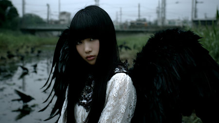 Beautiful asian woman with black angel wings standing in the fieldの素材