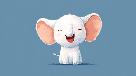 Cute white elephant on a blue background. 3D rendering.の素材