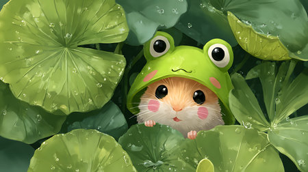 cartoon scene with happy frog in the rainforest illustration for childrenの素材