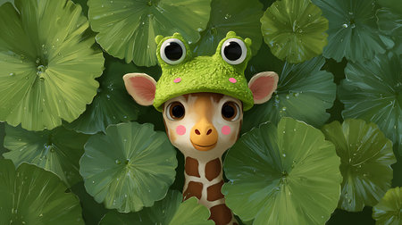 Cute giraffe in the jungle with lotus leaves background.の素材