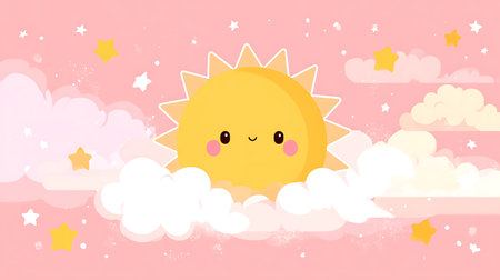 Cute kawaii sun in the clouds. Vector illustration.の素材