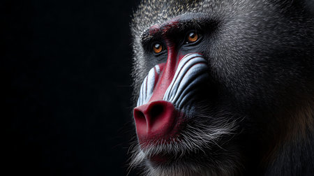 Portrait of a mandrill on black background. Studio shot.の素材