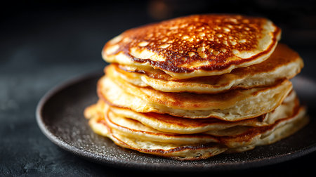 Stack of homemade pancakes with maple syrup on black plate, closeupの素材