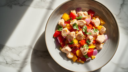 Fresh chicken salad with bell pepper, onion and parsley on white marble tableの素材