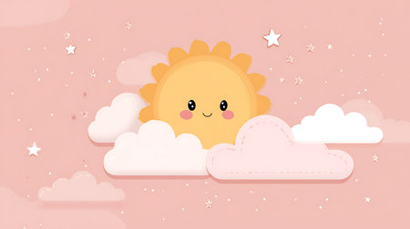 Cute sun with clouds and stars on pink background. Vector illustration.の素材