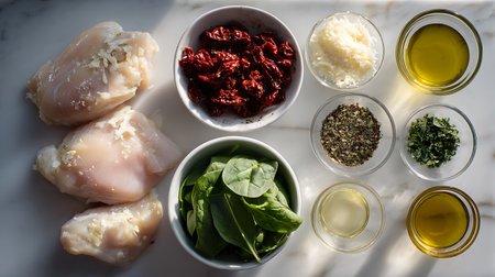 Ingredients for cooking chicken fillet with basil, olive oil, chard, parmesan cheeseの素材