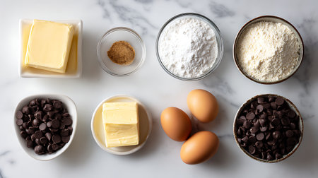 Baking ingredients on white marble background, top view, copy spaceの素材