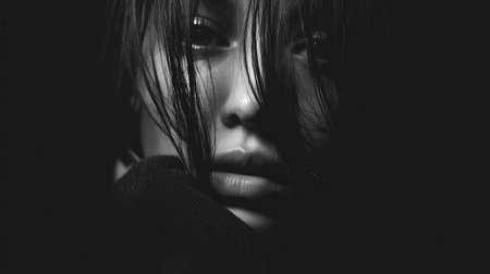 Portrait of a beautiful girl in a dark room. Dark toneの素材