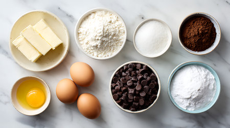Ingredients for baking cake - flour, eggs, butter, chocolate on a marble backgroundの素材