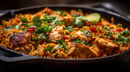 Pilaf with chicken and vegetables in a pan on dark backgroundの素材