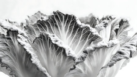 Close up of a fresh cabbage on a white background. Monochrome.の素材