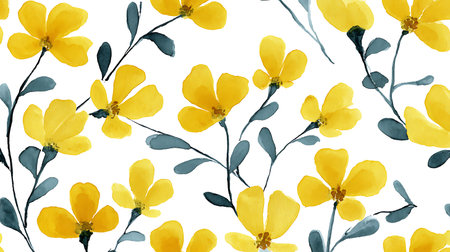 Seamless pattern with watercolor yellow flowers on white background.の素材