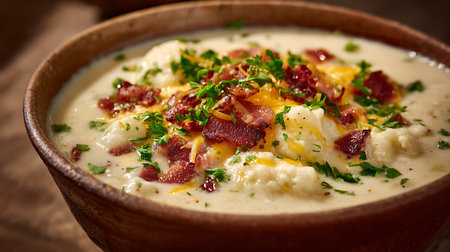 Creamy potato soup with bacon, eggs and parsley.の素材