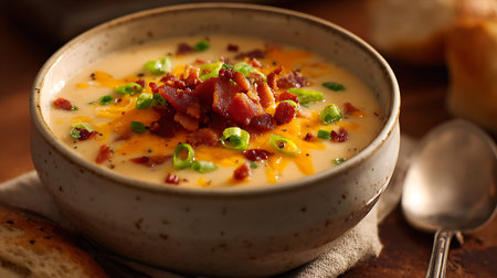 Creamy potato soup with bacon and chives, rustic styleの素材