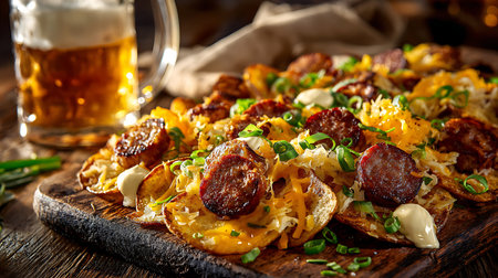 Grilled sausages with potato chips and beer on wooden boardの素材